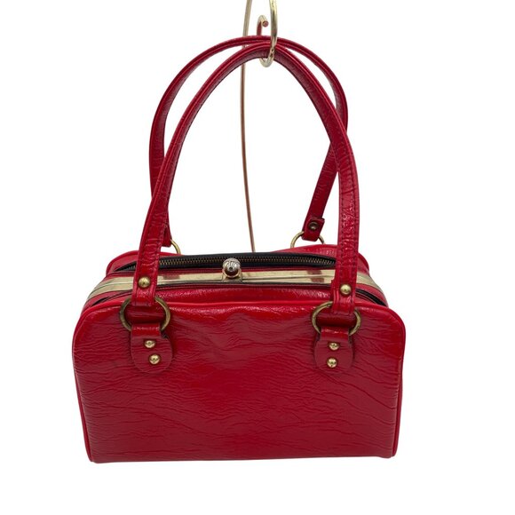 Vintage Red Patent Leather Handbag Gold Accents & Double Straps Retro - Picture 1 of 9
